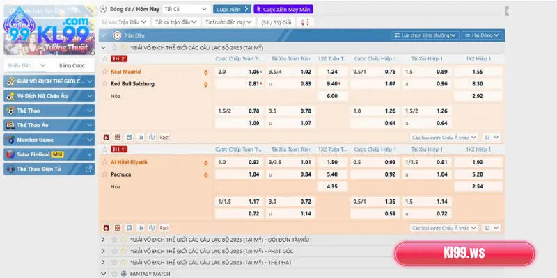 Các hạng mục cá cược thể thao hot nhất tại KL99